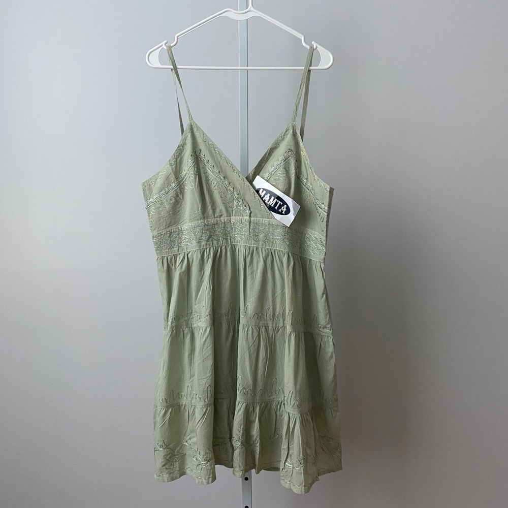 Mamta Cotton Boho Fairy Peasant Ethereal Babydoll Sage Green Mini Dress OS